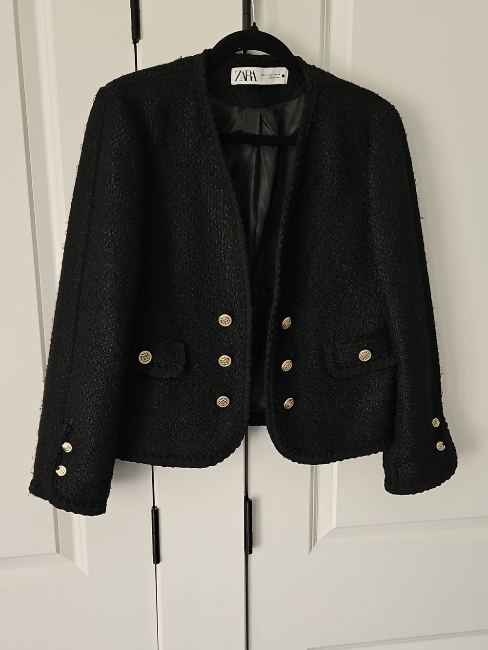 ZARA Black Textured Tweed Military Style Jacket Gold Filigree Buttons Size S - Picture 8 of 9